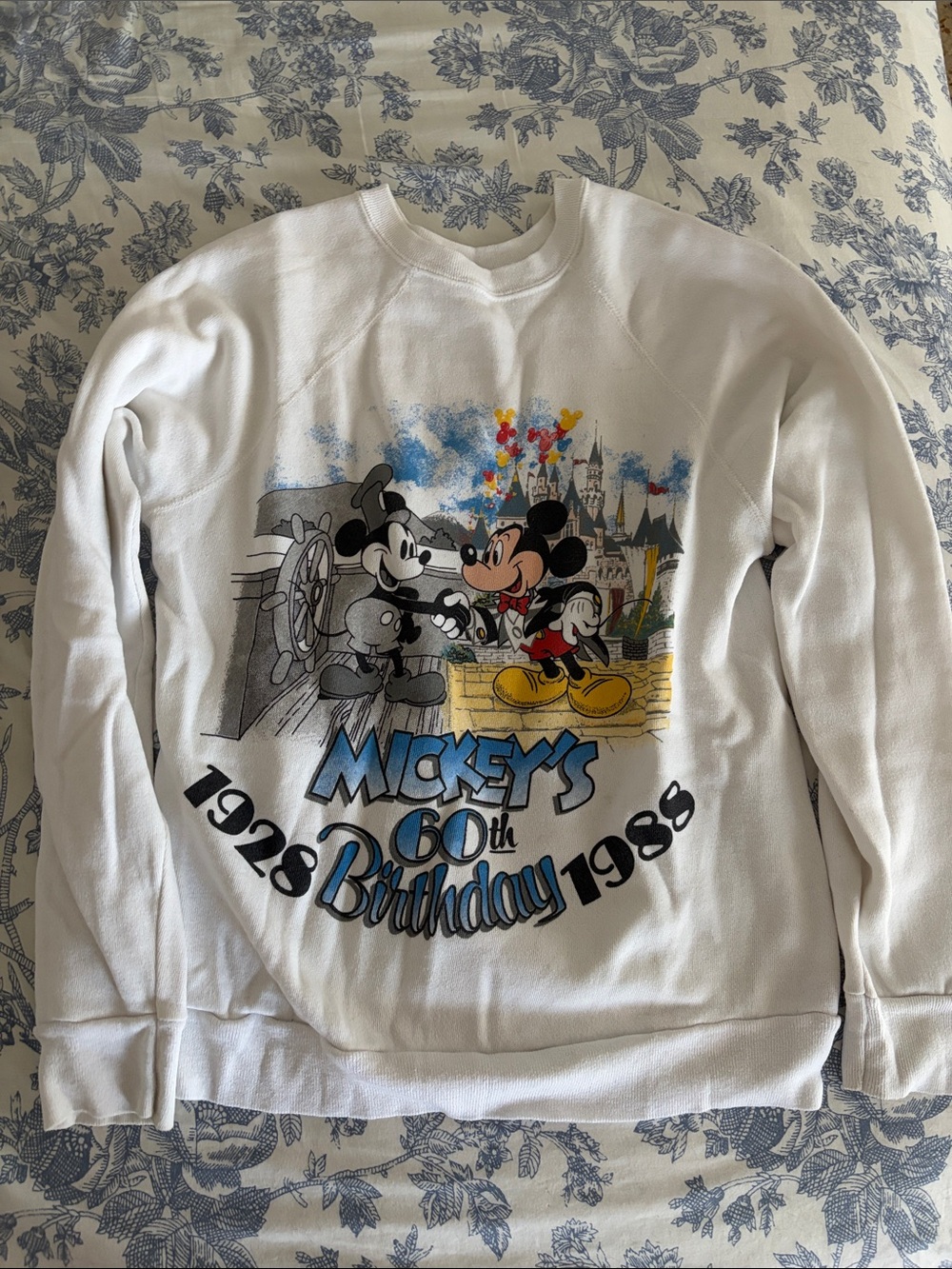 Disney White Mickey 60th Birthday Crewneck Sweatshirt with Multicolor Graphic
